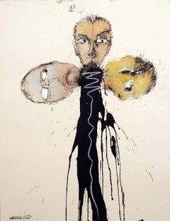 Three. Surrealist figurative watercolor of three male heads on white ground