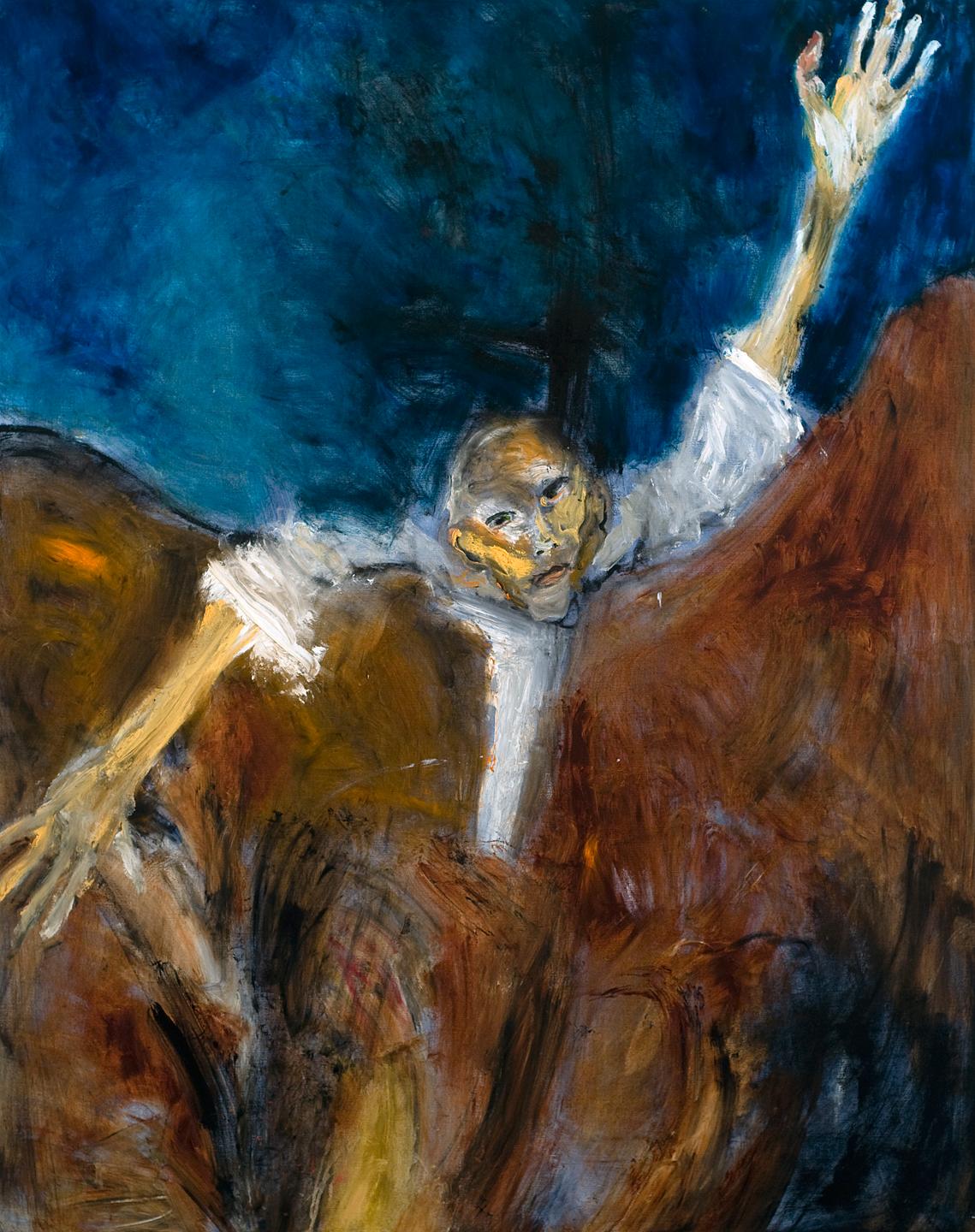 Michael Hafftka Landscape Painting - Fissure. Expressionist painting of man trapped by landscape, waving