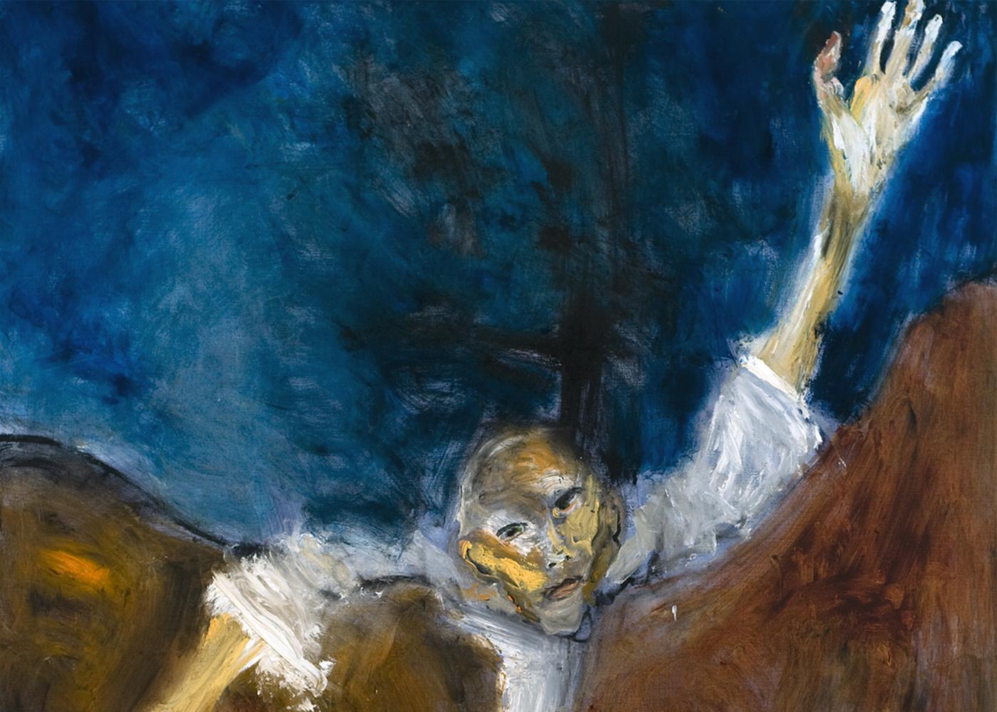Fissure. Expressionist painting of man trapped by landscape, waving - Painting by Michael Hafftka