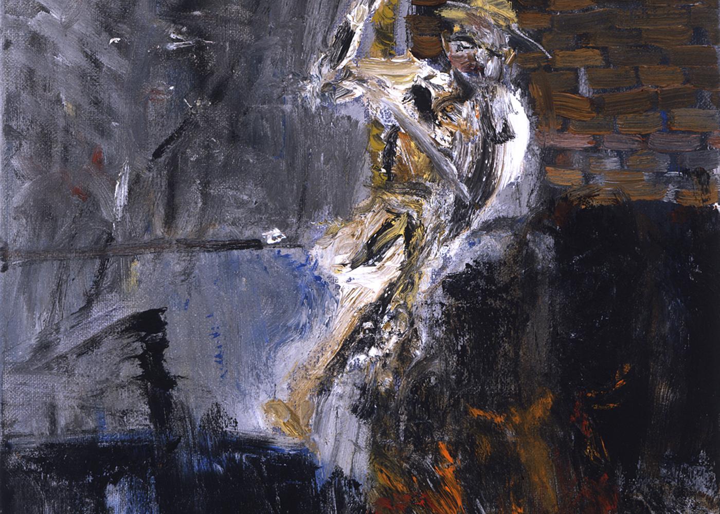 Escape. War painting, man trying to escape, tunnel, Holocaust related - Painting by Michael Hafftka