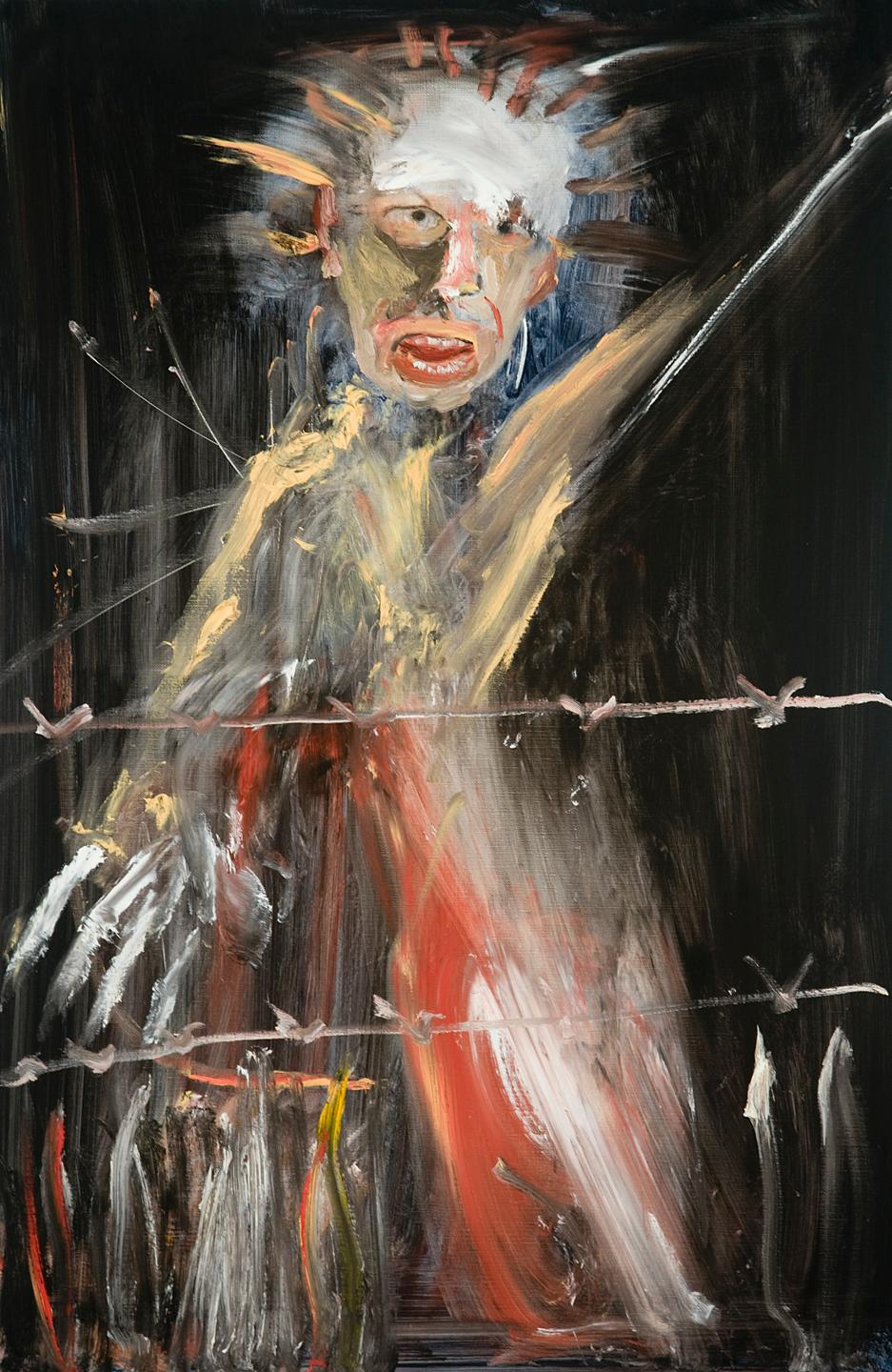 Michael Hafftka Figurative Painting - Barbed. Man fleeing war, caught behind wire, political art, night scene