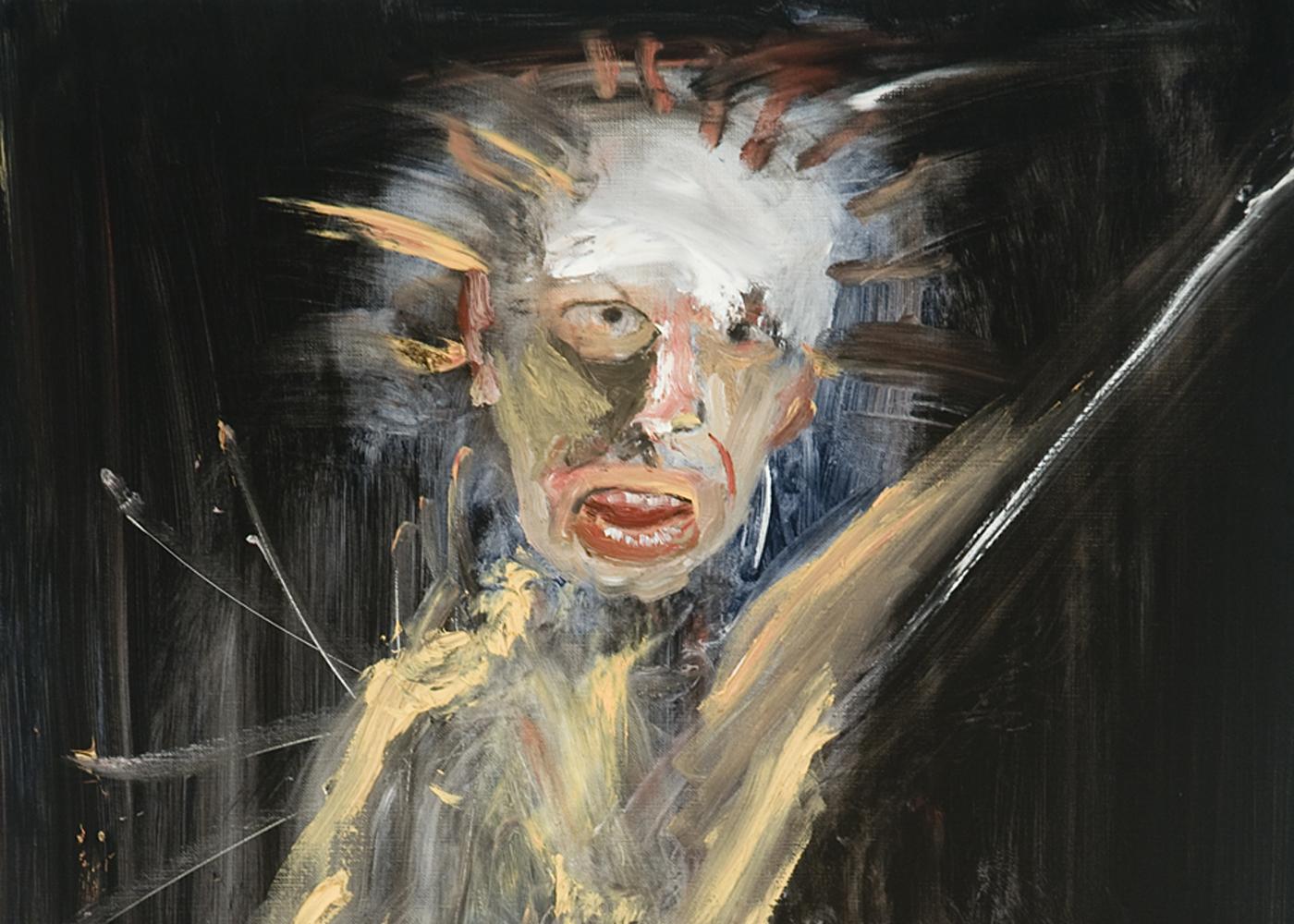 Barbed. Man fleeing war, caught behind wire, political art, night scene – Painting von Michael Hafftka