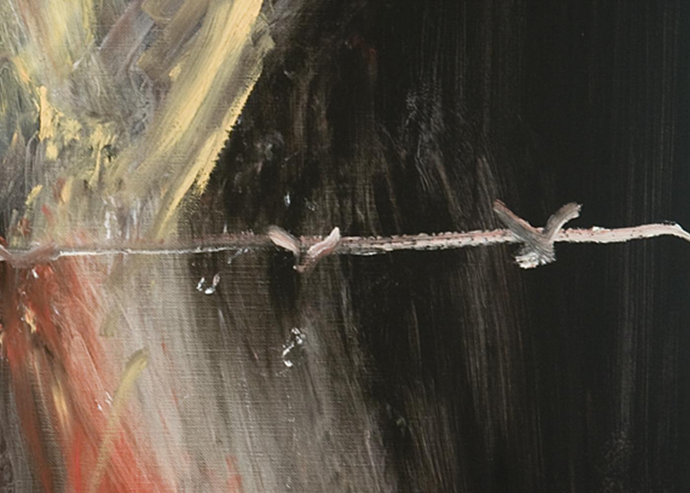 Barbed. Man fleeing war, caught behind wire, political art, night scene - Expressionist Painting by Michael Hafftka