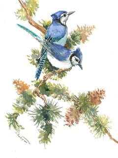 Blue Jays Among the Pines, Original Painting