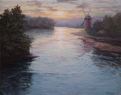 Puesta de sol sobre el río, pintura al óleo