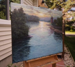 Puesta de sol sobre el río, pintura al óleo