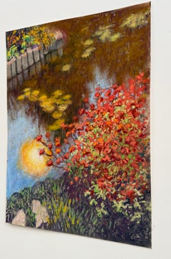 Estanque del Jardín Japonés del Té reflejando el sol, pintura original