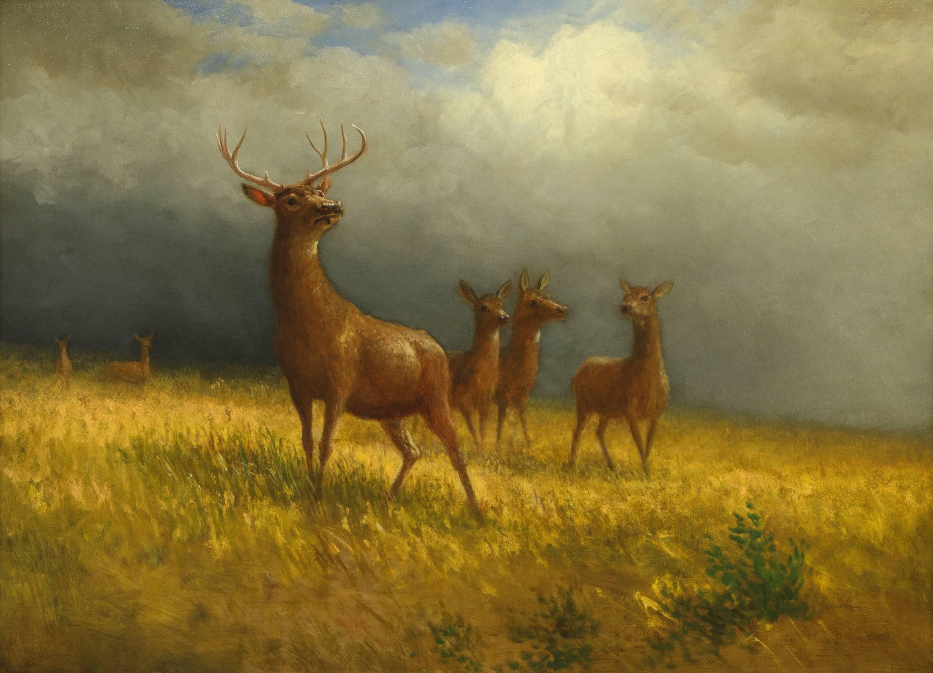 Albert Bierstadt Animal Painting - Three Deer and a Stag (Monarch of the Plains)