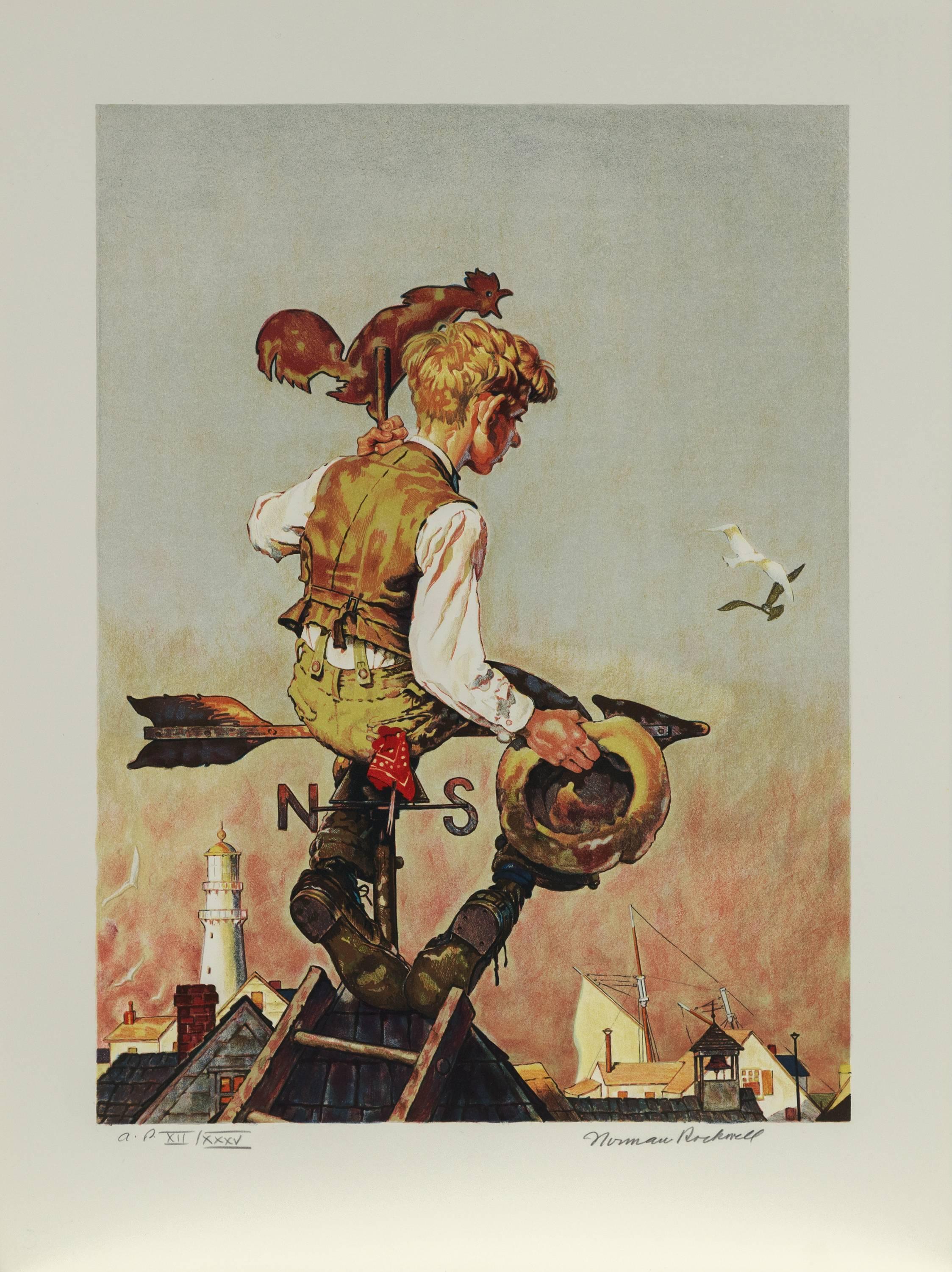 Norman Rockwell Figurative Print - On Top of the World (Boy on Weathercock)