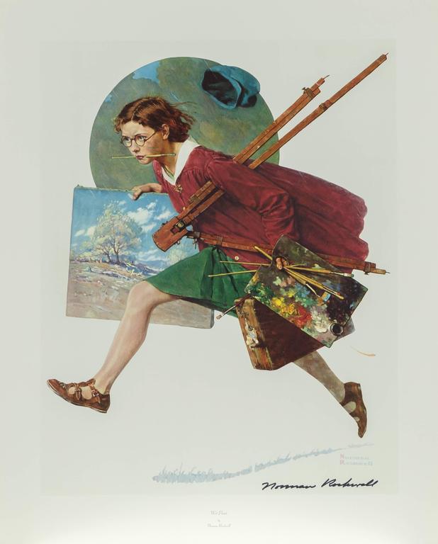 Norman Rockwell Wet Paint /Girl Running with Wet Canvas at 1stDibs