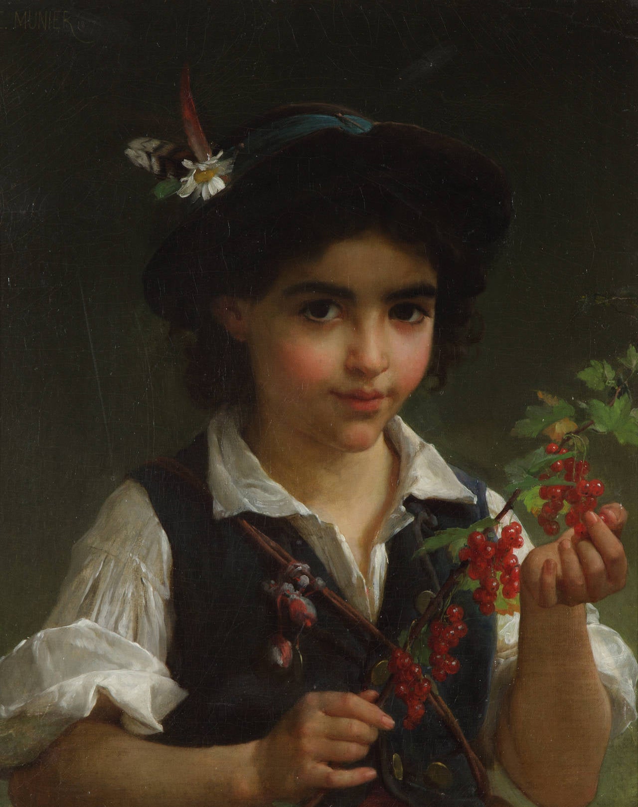 Emile Munier Portrait Painting - A Boy Holding a Branch of Berries
