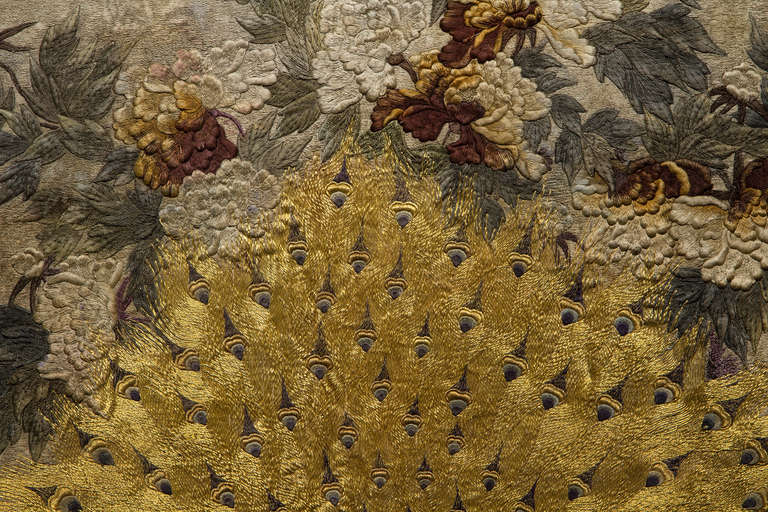 The Meiji era produced some of the highest quality silk textiles. The engravings of oil paintings inspired the embroideries, with the artist of the painting and the artist at the textile factory maintaining a close relationship. Japanese embroidery