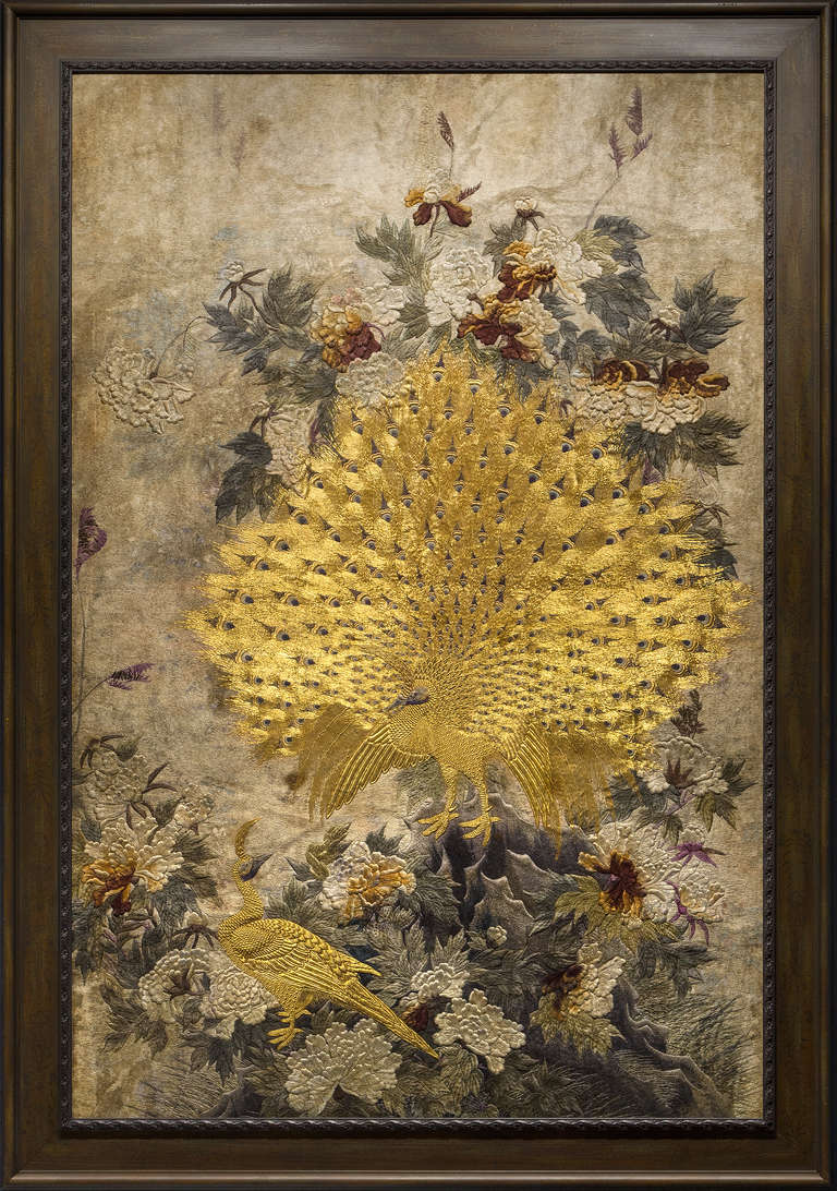 Embroidery of Peacock, Peahen, and Peonies - Mixed Media Art by Unknown