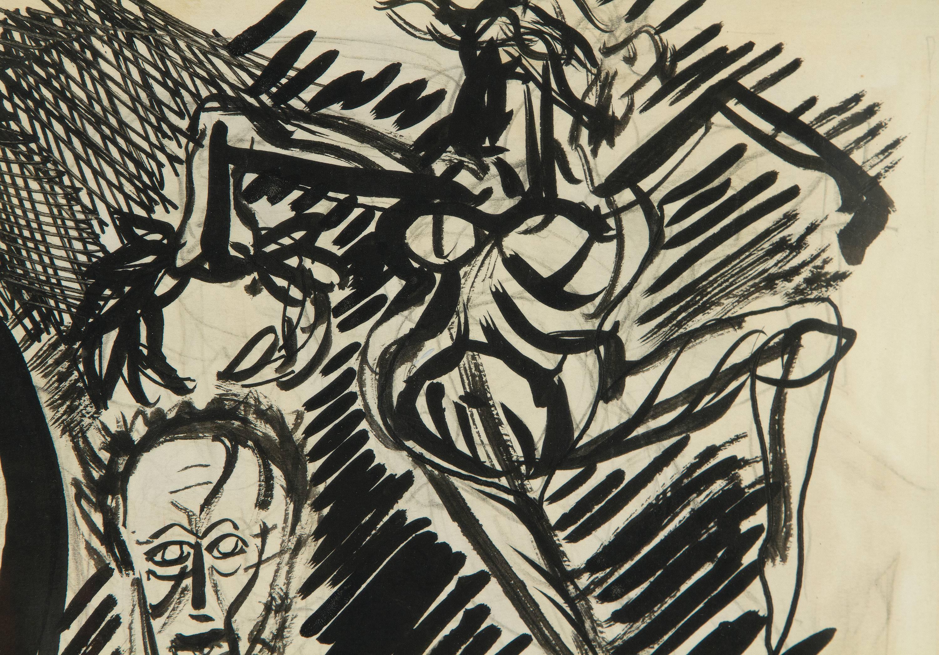 An ink on paper by Jose Clemente Orozco. This work on paper depicts a soldier or horseback, sword in hand, the horse rearing as a figure dances overhead.
Signed  lower right, “J.C. Orozco”.

José Clemente Orozco was a Mexican social realist
