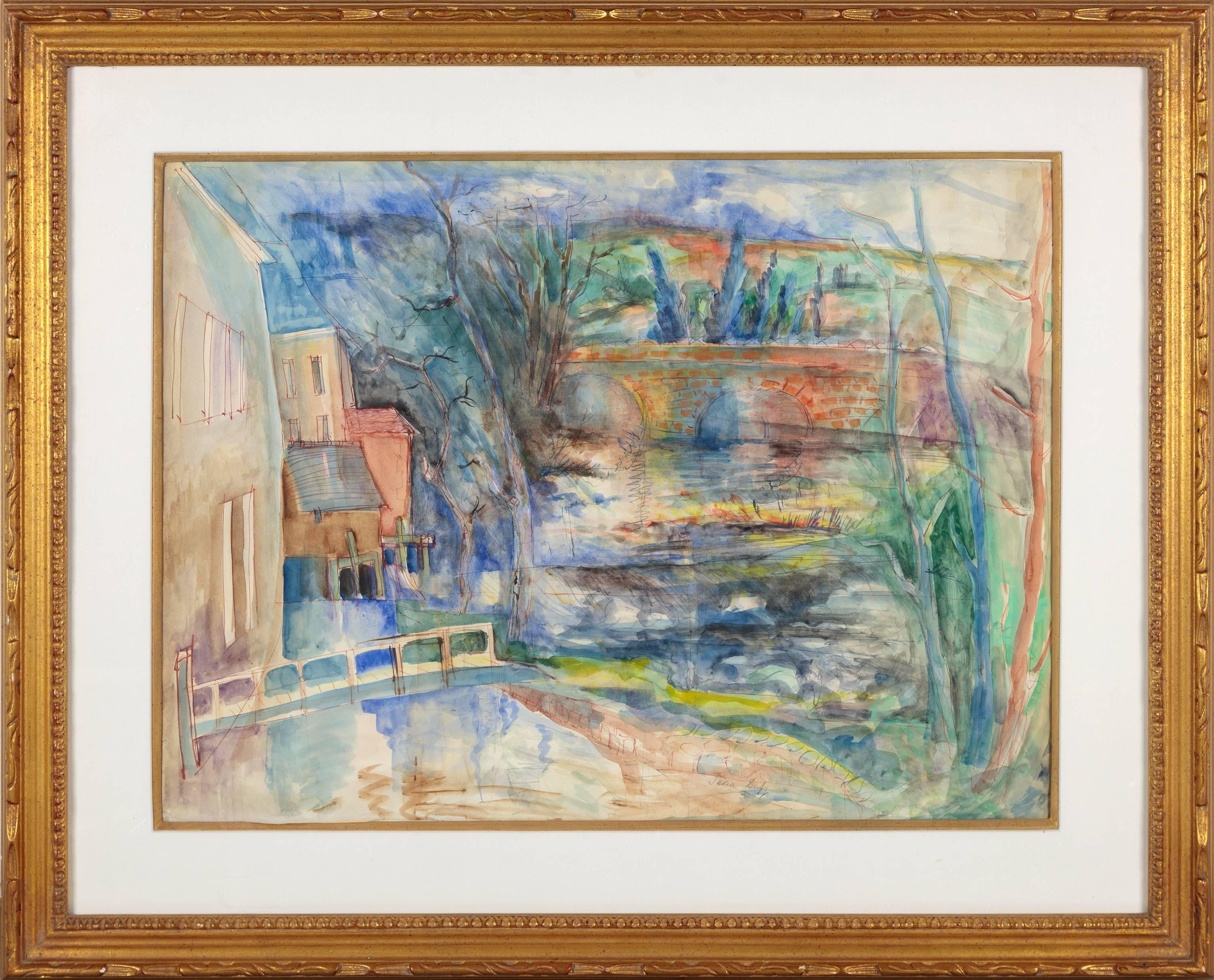 A watercolor on paper in soft pastels of blue, green and reds depicting a small town scene with a bridge over a river by Jean Dufy. Signed lower middle, 