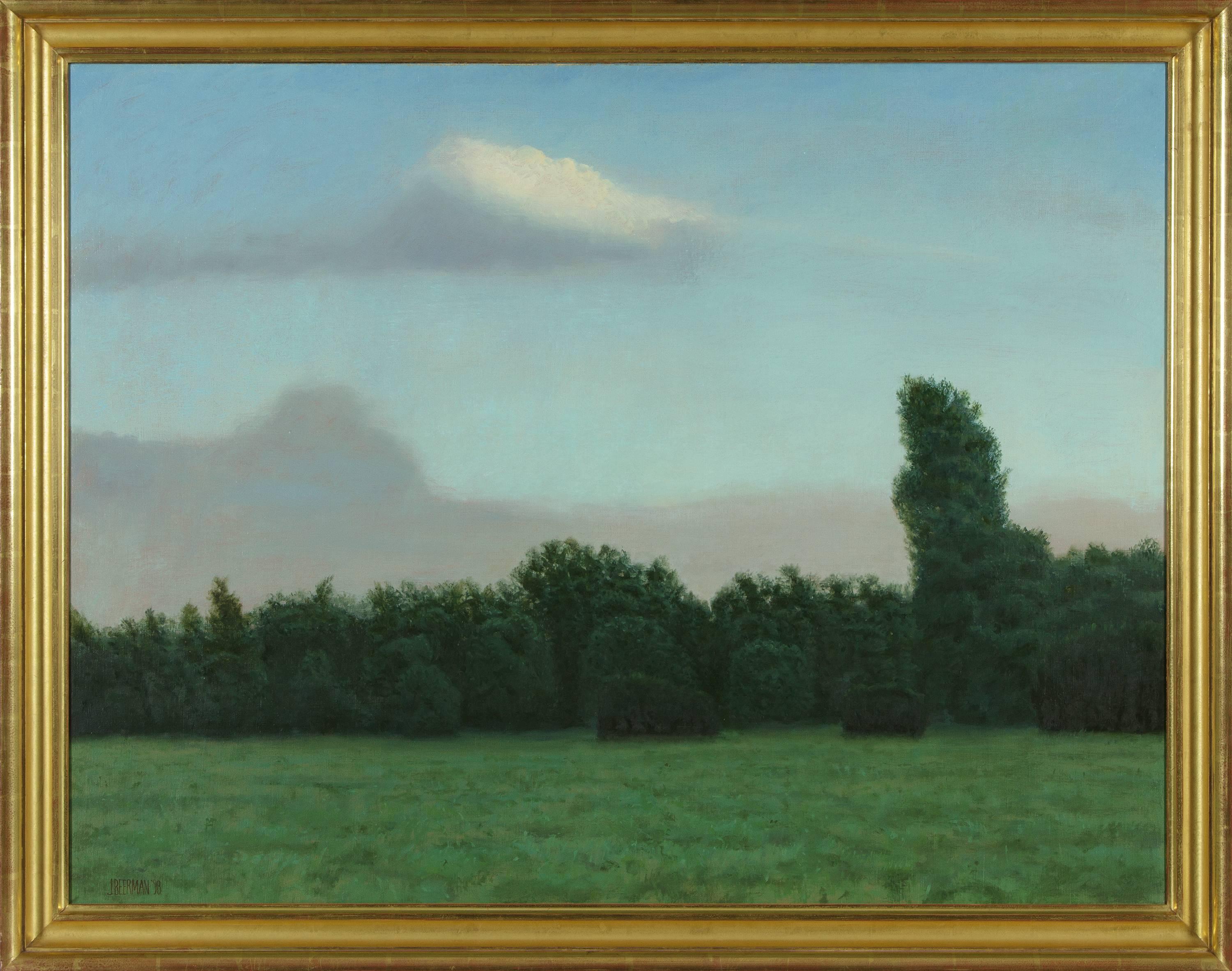 An oil on canvas landscape executed in bright and dark greens and blues by American realist artist John Beerman. Signed lower left, 
