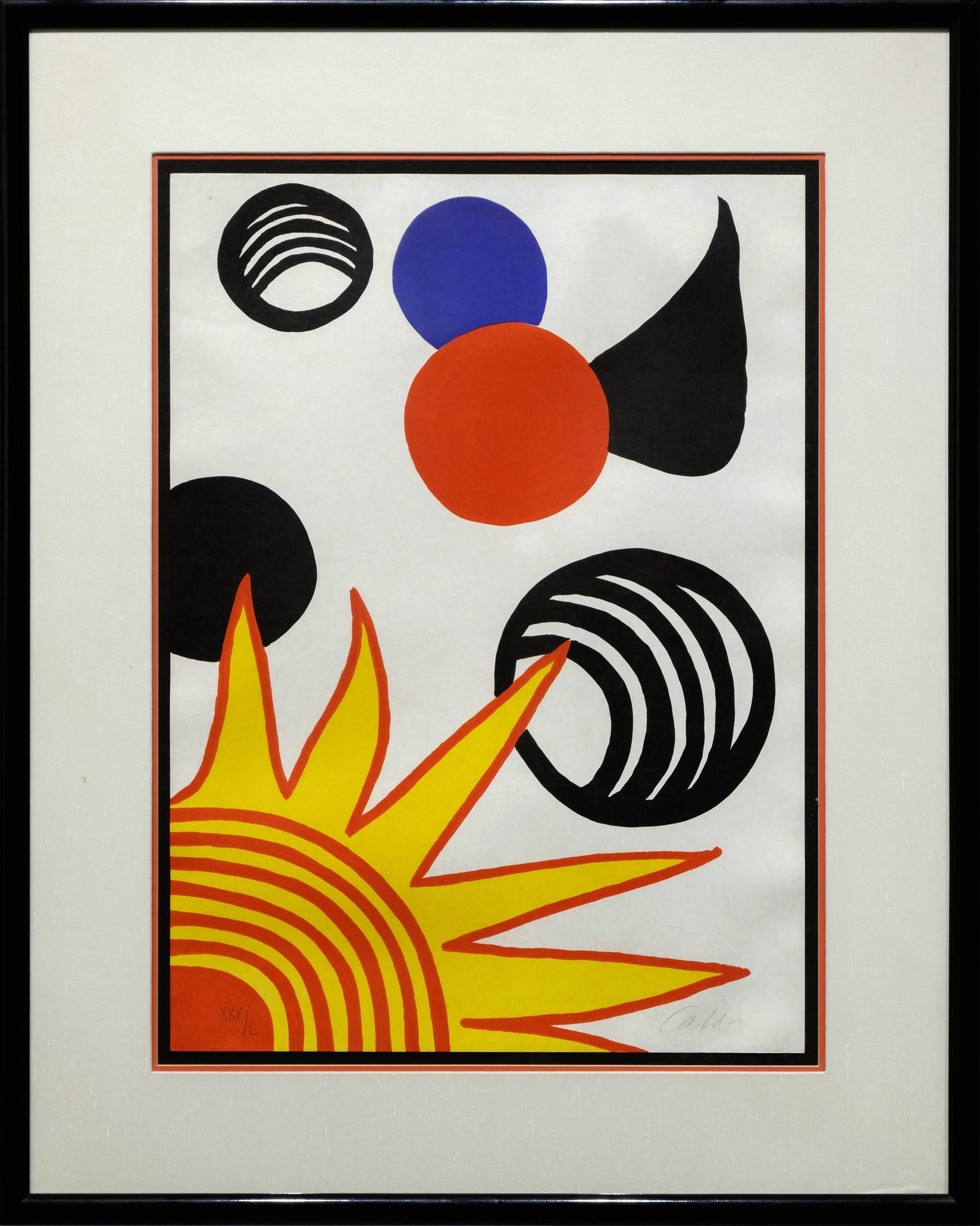 An abstract lithograph executed in bright primary red, yellow, blue and black circles, orbs and abstracted sun by Post War artist Alexander Calder. Signed lower right, 