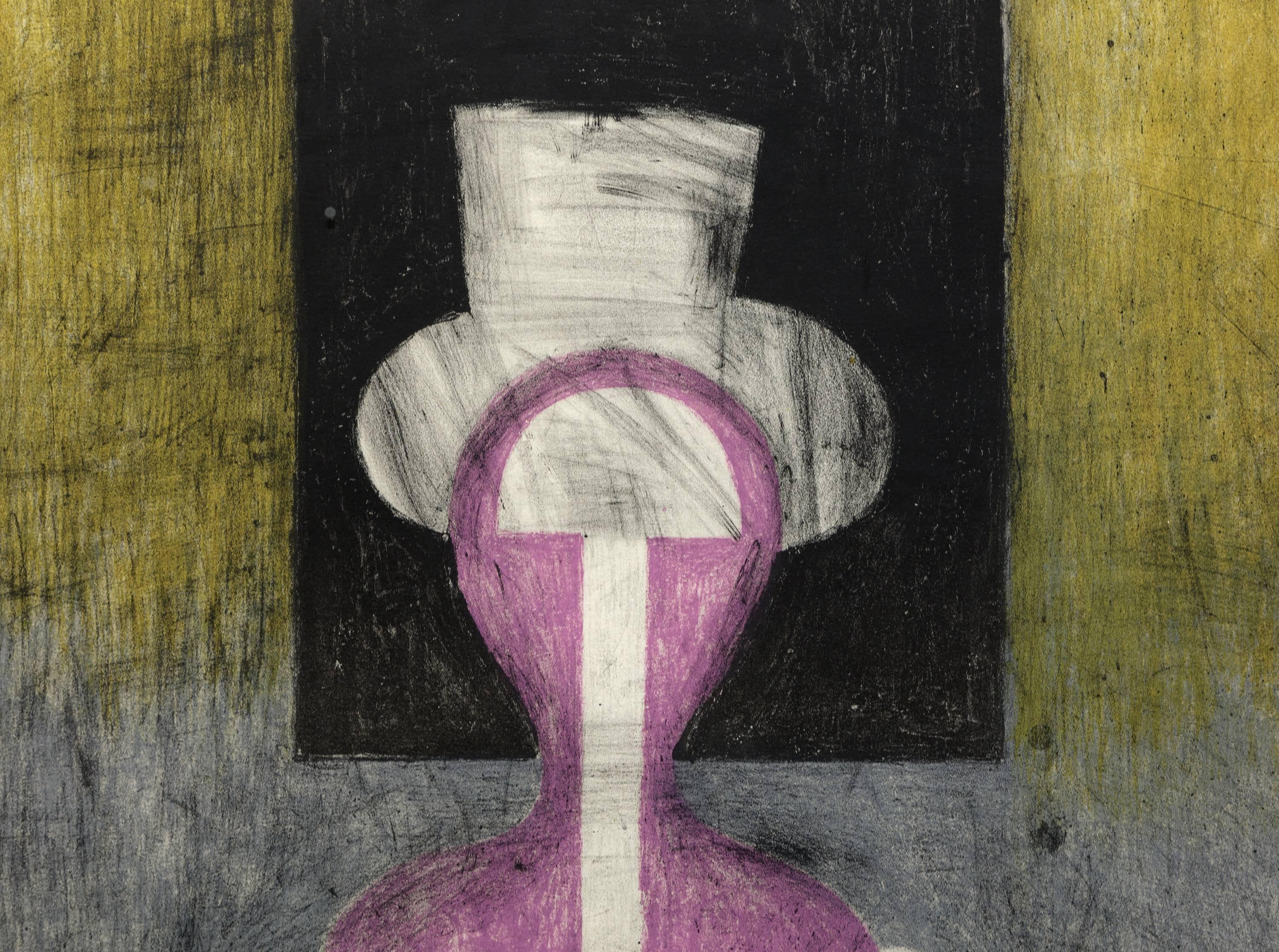 An abstract figurative lithograph executed in violet, yellow green, black, gray and white by Latin American artist Rufino Tamayo depicting a woman wearing a sombrero.
Signed lower middle, 