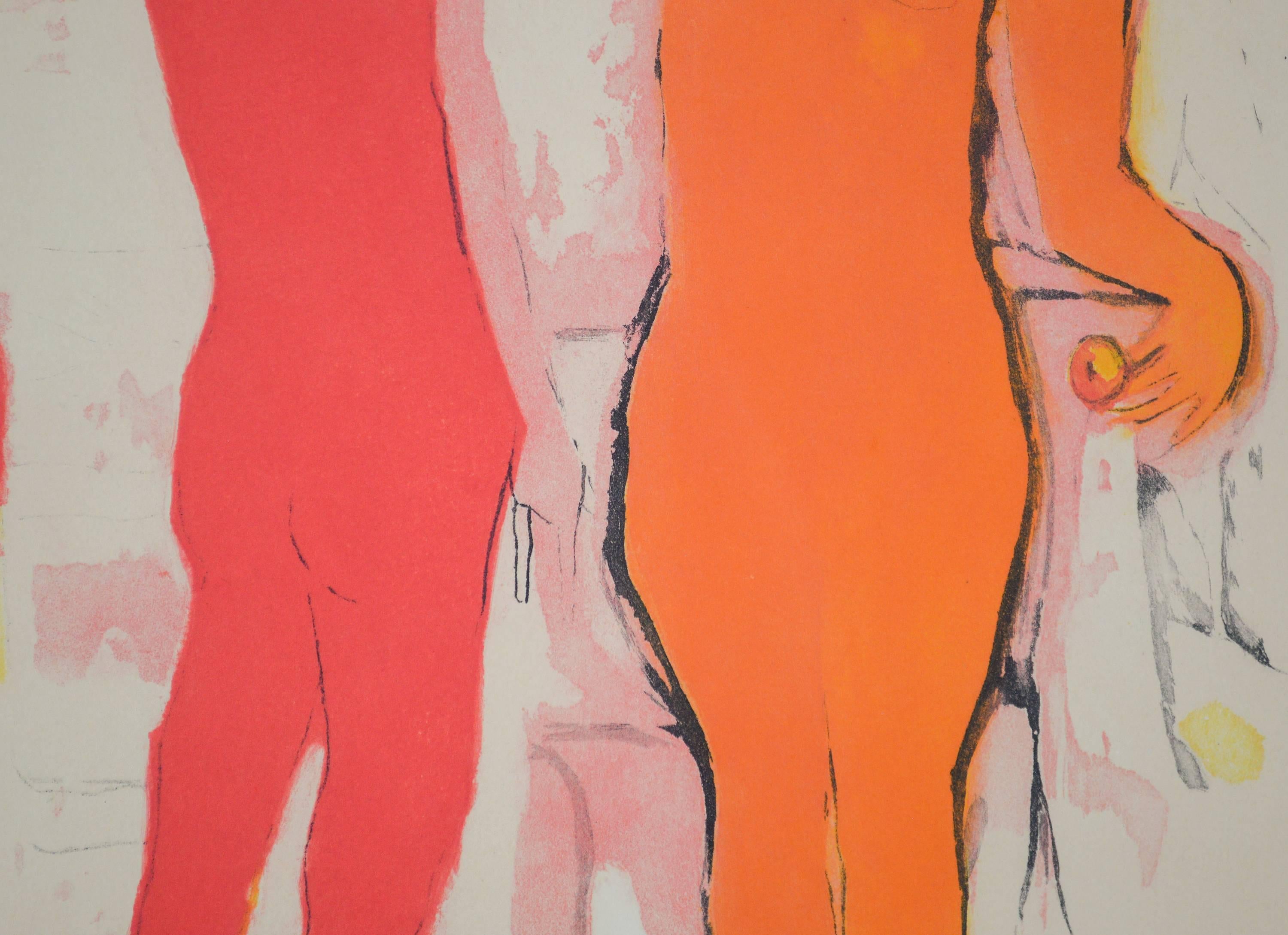 A figurative lithograph, Untitled (From Shakespeare I) by Modern artist Marino Marini, depicts two abstracted figures executed in orange and cerise against a neutral beige background. Signed lower right, 