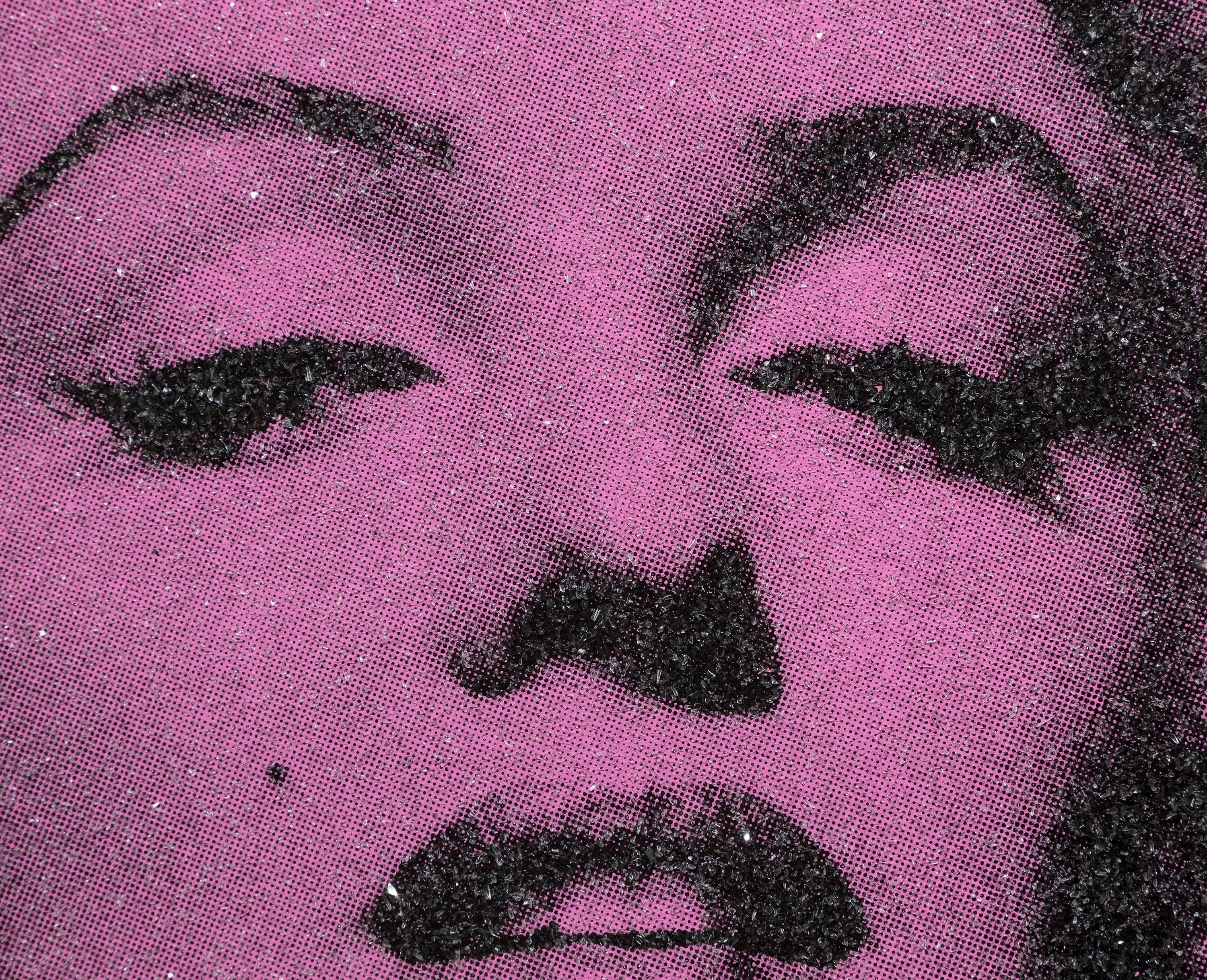 A screenprint on linen with diamond dust by contemporary artist Russell Young. "Marilyn Portrait" (Rosewood Pink and Black) depicts an iconic image of Marilyn Monroe and is signed verso, "Russell Young, 2014, California Marilyn