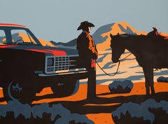 Desert Steel - Peinture originale signée à l'acrylique sur toile, représentant un cow-boy et un cheval