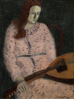 El vestido estampado (Mujer con mandolina) - Retrato al óleo sobre lienzo, h. 1935