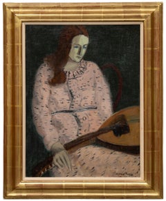 El vestido estampado (Mujer con mandolina) - Retrato al óleo sobre lienzo, h. 1935