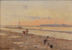The Clam Diggers - American Impressionist, Oil on Burlap Seascape Painting