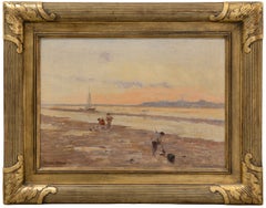 The Clam Diggers - American Impressionist, Oil on Burlap Seascape Painting