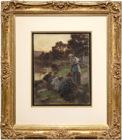 «Laveuses, le soir» (Lavanderas, por la noche) - Escena rural figurativa en pastel