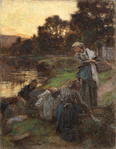 «Laveuses, le soir» (Lavanderas, por la noche) - Escena rural figurativa en pastel