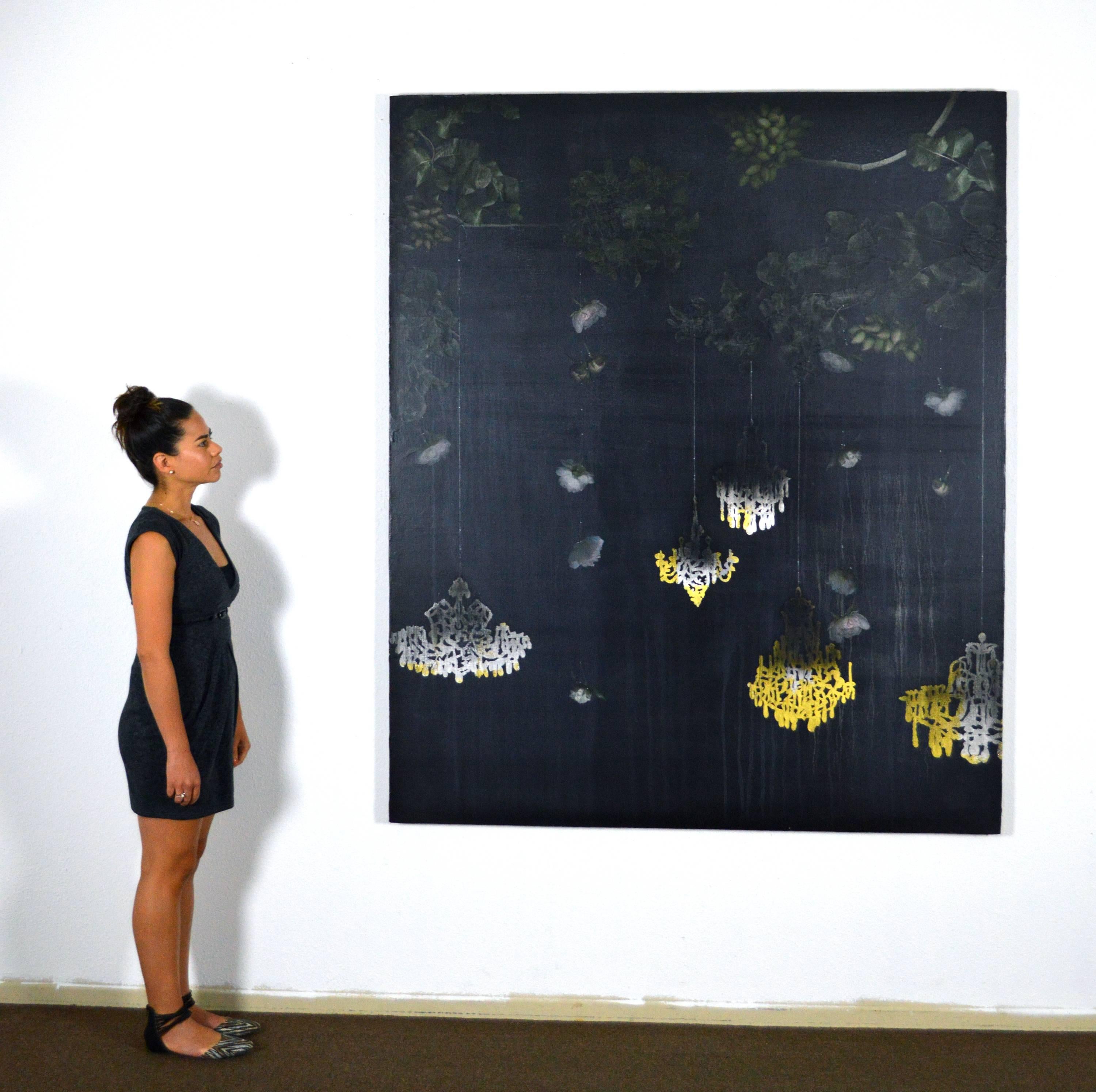 Pistachio, Peony and Chandelier #101 - Black Figurative Painting by Kaoru Mansour