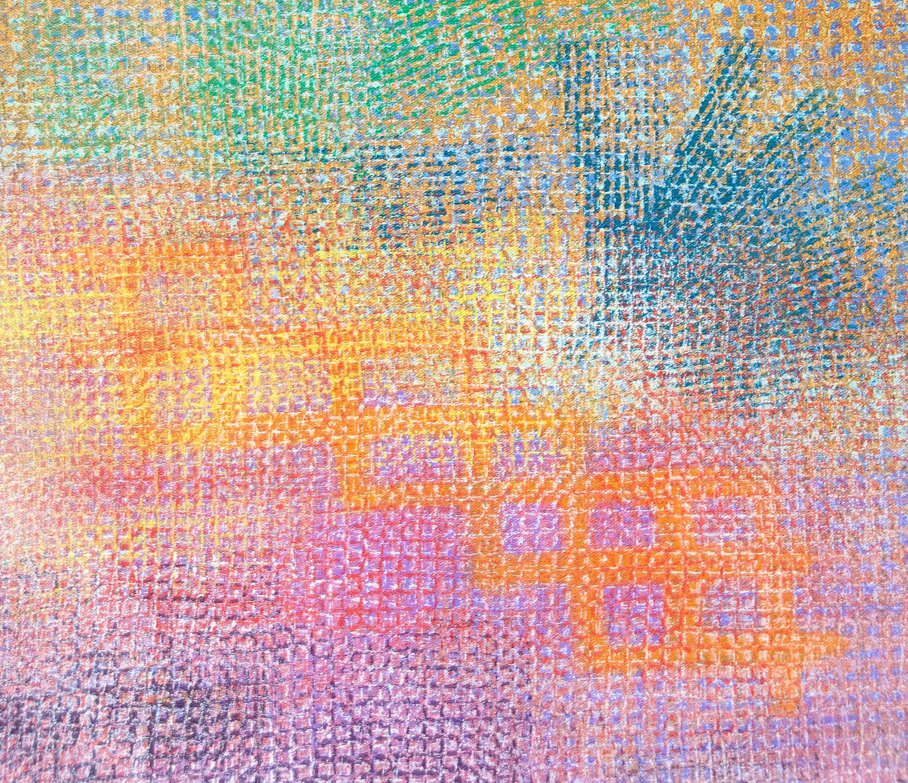 Ein Gemälde in Acryl auf Leinwand des Nachkriegskünstlers Robert Natkin. Dieses abstrakte Gemälde ohne Titel ist in dünnen Schichten aus violetter, orangefarbener, gelber, blaugrüner, ockerfarbener und grüner Acrylfarbe ausgeführt. Signiert unten