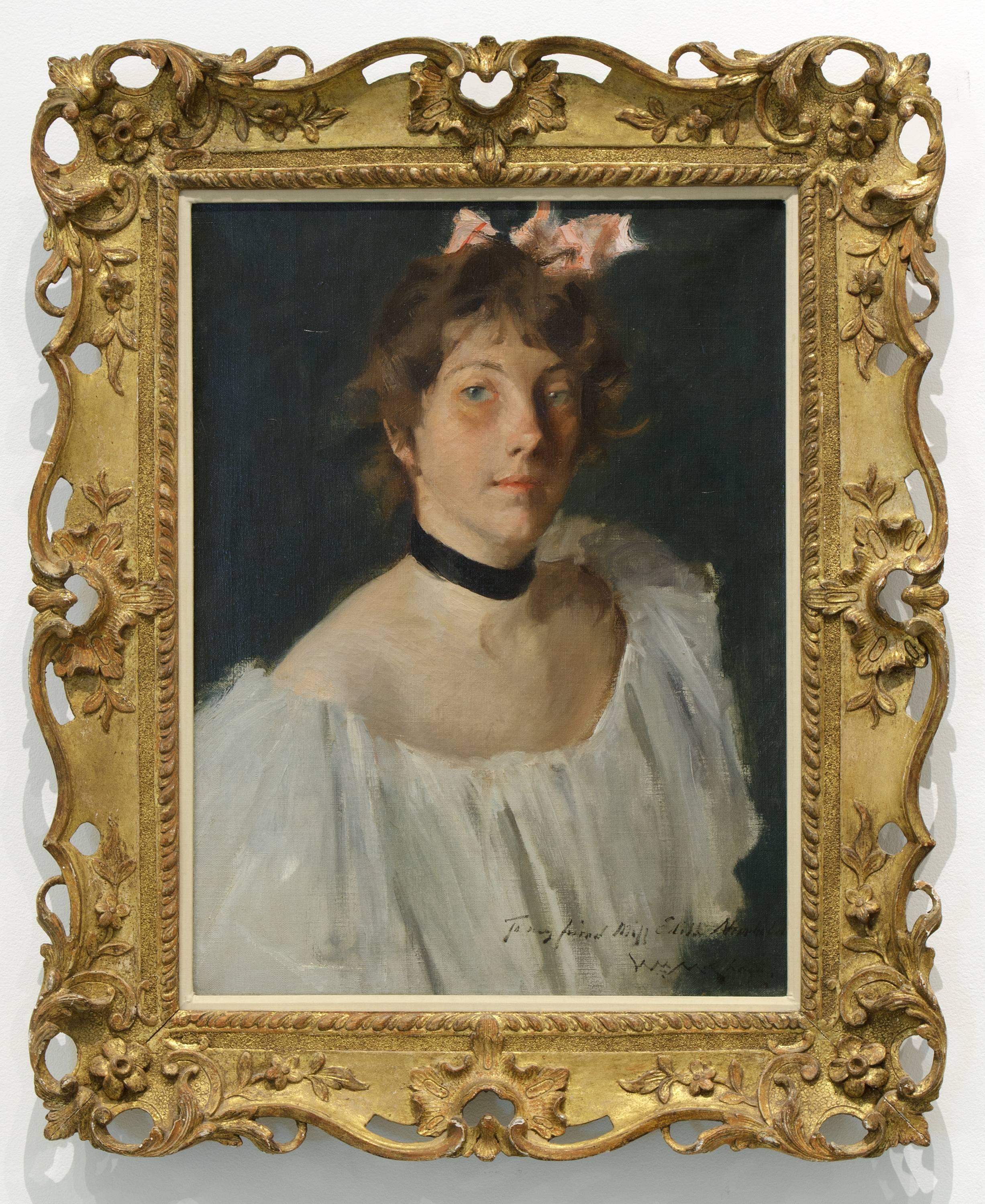 Portrait of a Lady in a White Dress - American Impressionist Painting by William Merritt Chase