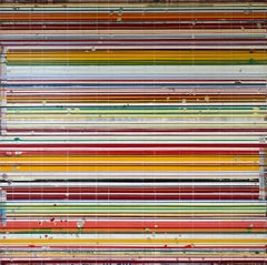 « The sound » - Peinture contemporaine à rayures, acrylique sur bois, signée, 120 x 120 cm