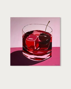 La cerise sur le gâteau - Peinture contemporaine représentant une nature morte estivale avec des cocktails