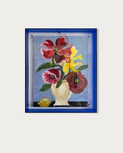 Ritorno a casa tra i fiori che sbocciano, natura morta a olio su tela, 35x25 cm