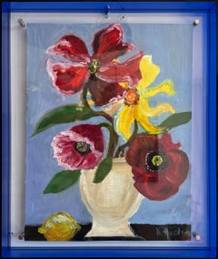 Ritorno a casa tra i fiori che sbocciano, natura morta a olio su tela, 35x25 cm