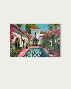 Un patio tranquilo lleno de amor: pintura al óleo de arquitectura contemporánea con piscina