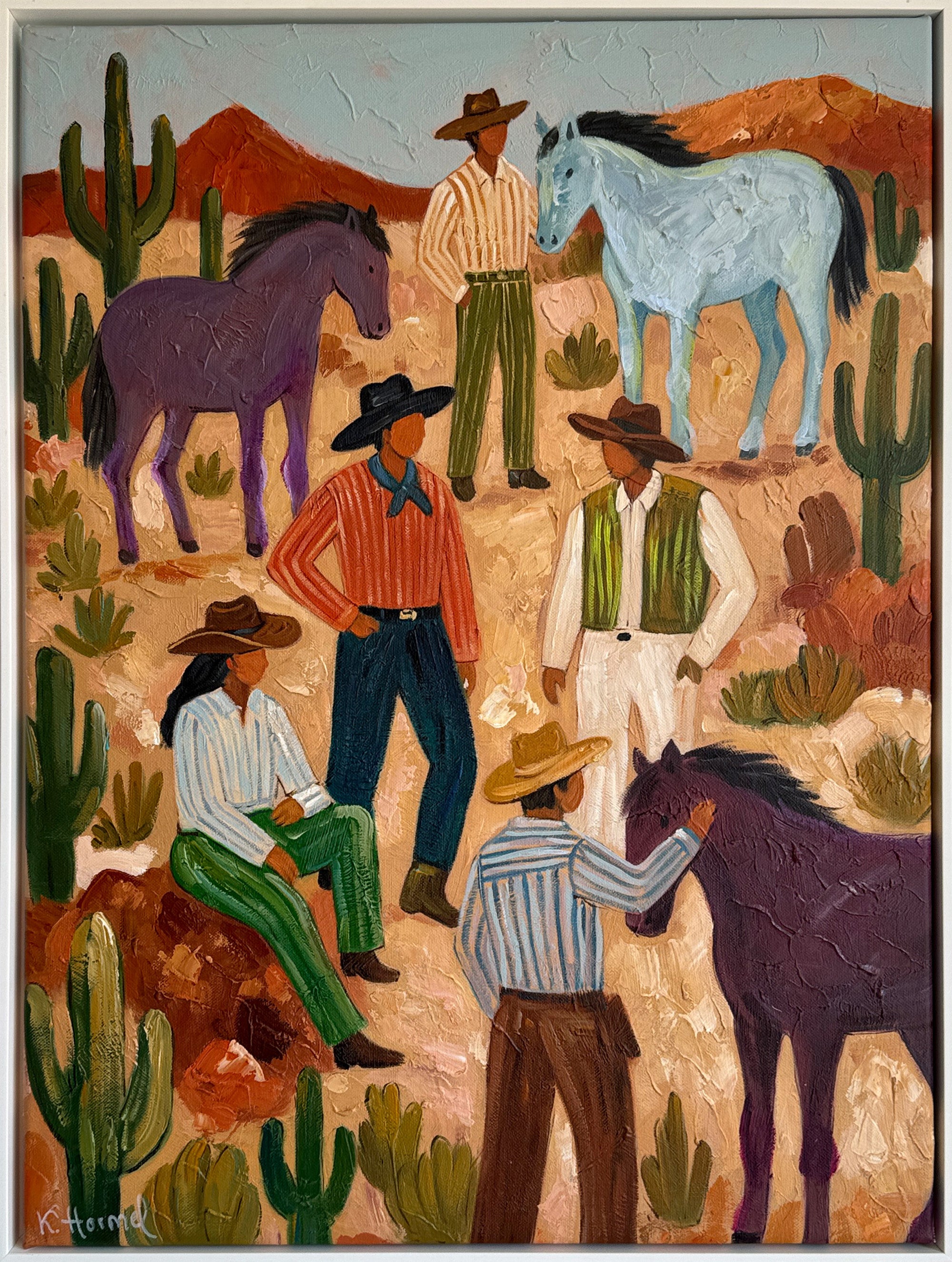 A sun-drenched landscape unfolds with rhythmic simplicity. This acrylic painting captures a quiet gathering in the arid heart of the West. Figures in traditional attire blend into the warm, earthy tones of the terrain. The composition balances human