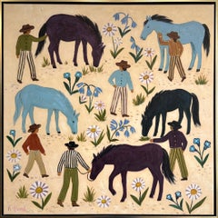 Fleurs sauvages et chevaux, cow-boys – Peinture à l'huile représentant un paysage minimaliste, 80 x 80 cm