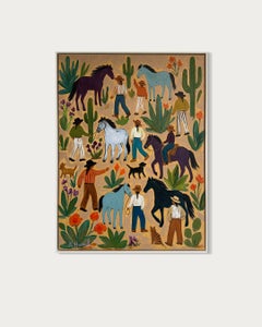 Il giardino della cowgirl, dipinto a olio con cavalli, cowboy e paesaggio, 80x60 cm