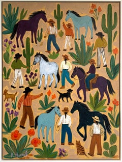 Le jardin de la cow-girl, peinture à l'huile représentant des chevaux et un cow-boy dans un paysage, 80 x 60 cm