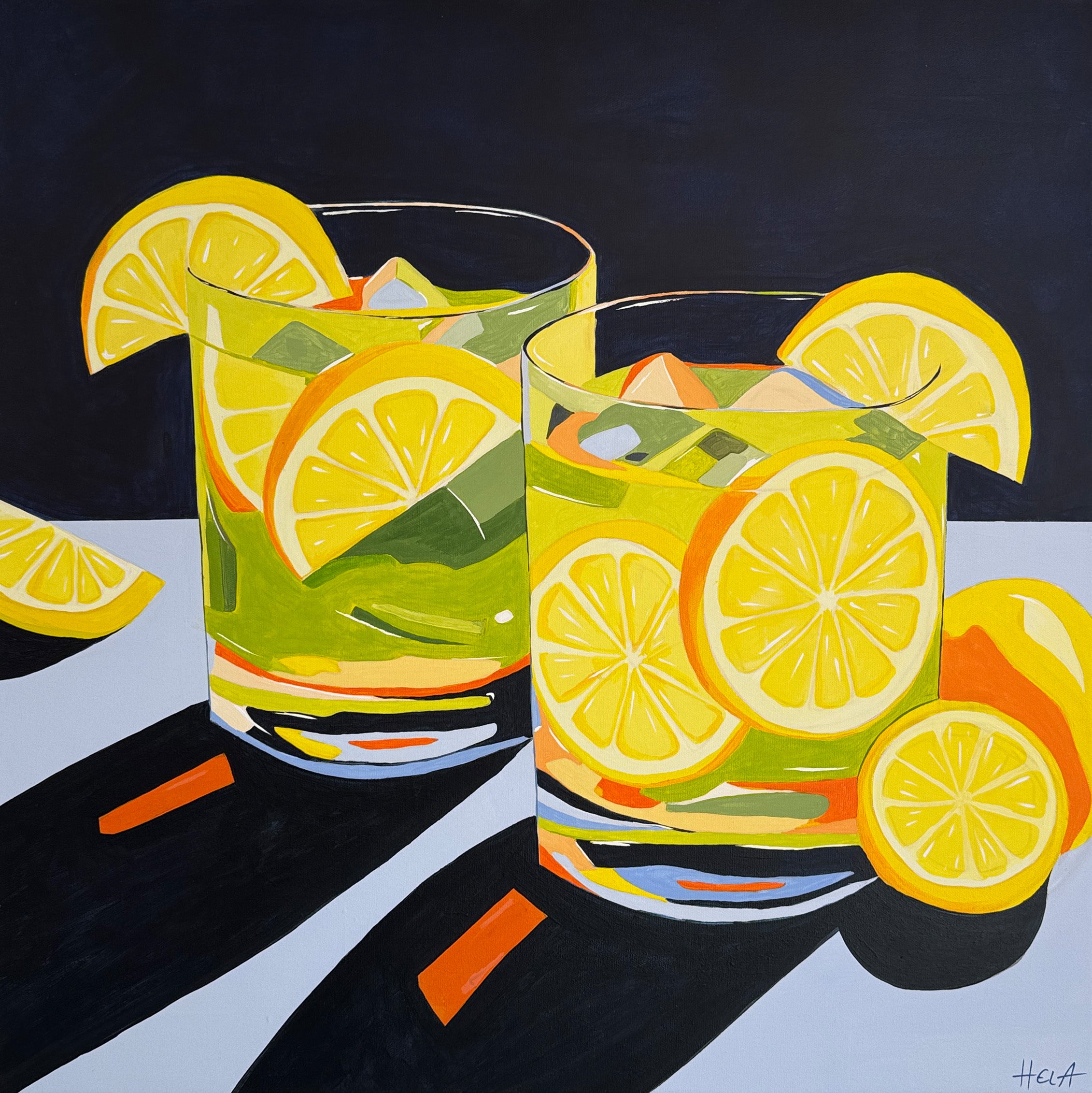 Hela Still-Life Painting - Lemons, Light, and Laughter - Contemporary cocktail summer still life painting
