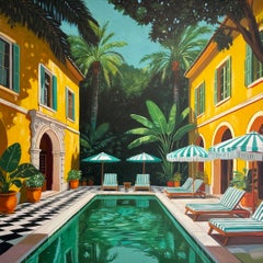 "Per sempre al sole" – Dipinto a olio, Architettura contemporanea di piscine, 80x80 cm