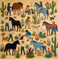 Lots of horsing around- Cowboys, Minimalist Landscape painting , 80x80 cm