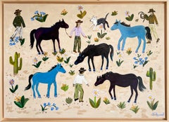La quiete tra una cavalcata e l’altra - Dipinto contemporaneo di un paesaggio con cowboy e cavalli