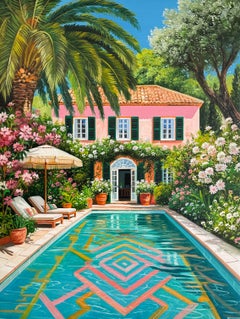 Beneath the same sun Oil Painting, Contemporary Pool Architecture, 80x80 cm