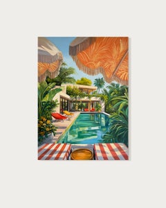 Jusqu'au coucher du soleil  Peinture à l'huile, architecture contemporaine de piscine, 80 x 80 cm