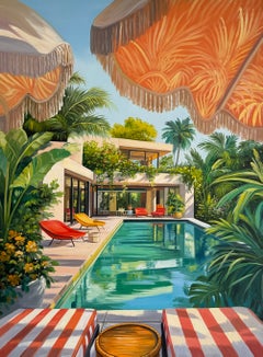 Jusqu'au coucher du soleil  Peinture à l'huile, architecture contemporaine de piscine, 80 x 80 cm